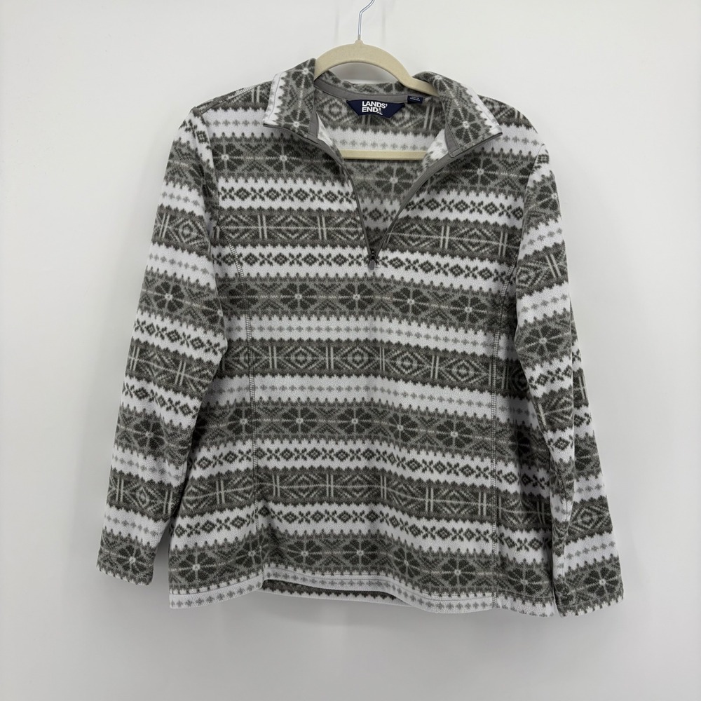 Lands' End Womens M Petite Gray Fair Isle Fleece Quarter Zip Pullover Sweater